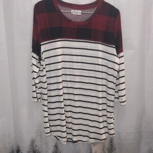 Maurices Red Buffalo Plaid and Black Striped 3/4 Sleeve Top